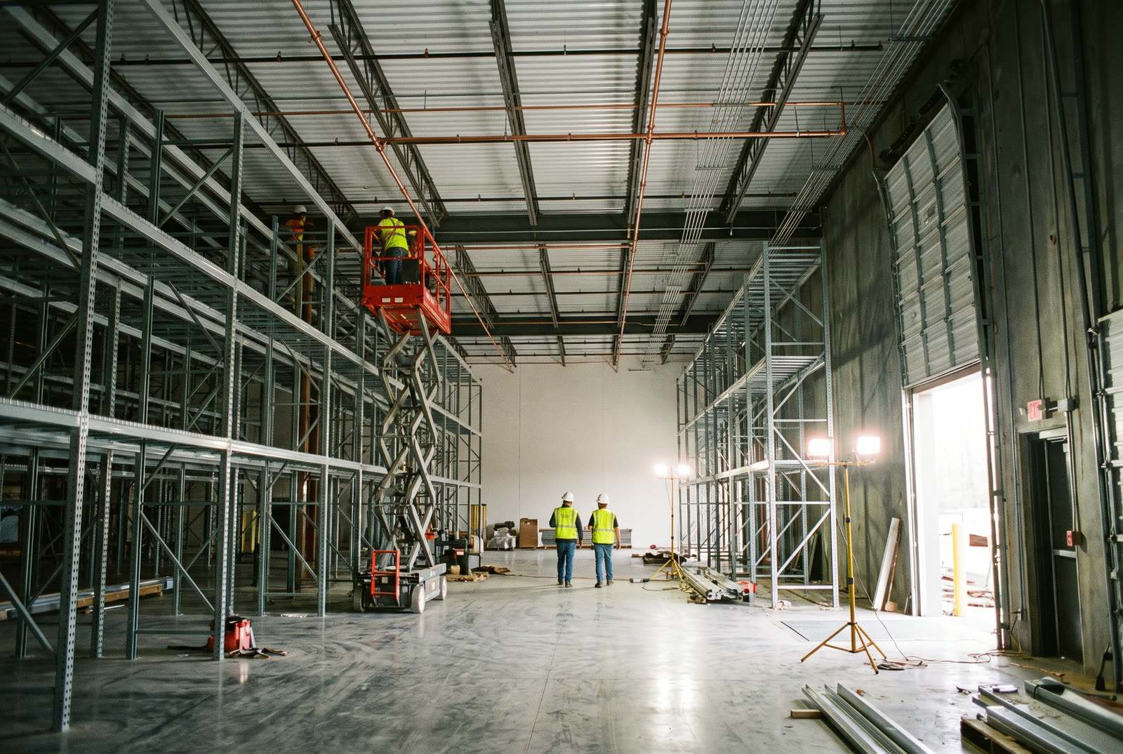Industrial warehouse build-out in progress with partially installed steel pallet racking, newly installed overhead sprinkler piping and a scissor lift on the concrete slab