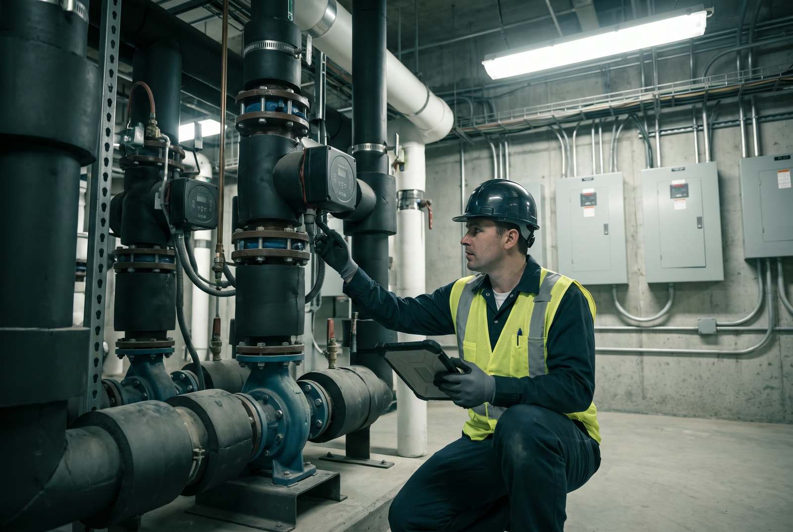 Facilities maintenance technician in a high-visibility vest inspecting pumps and insulated pipework in a commercial building mechanical room with a tablet in hand