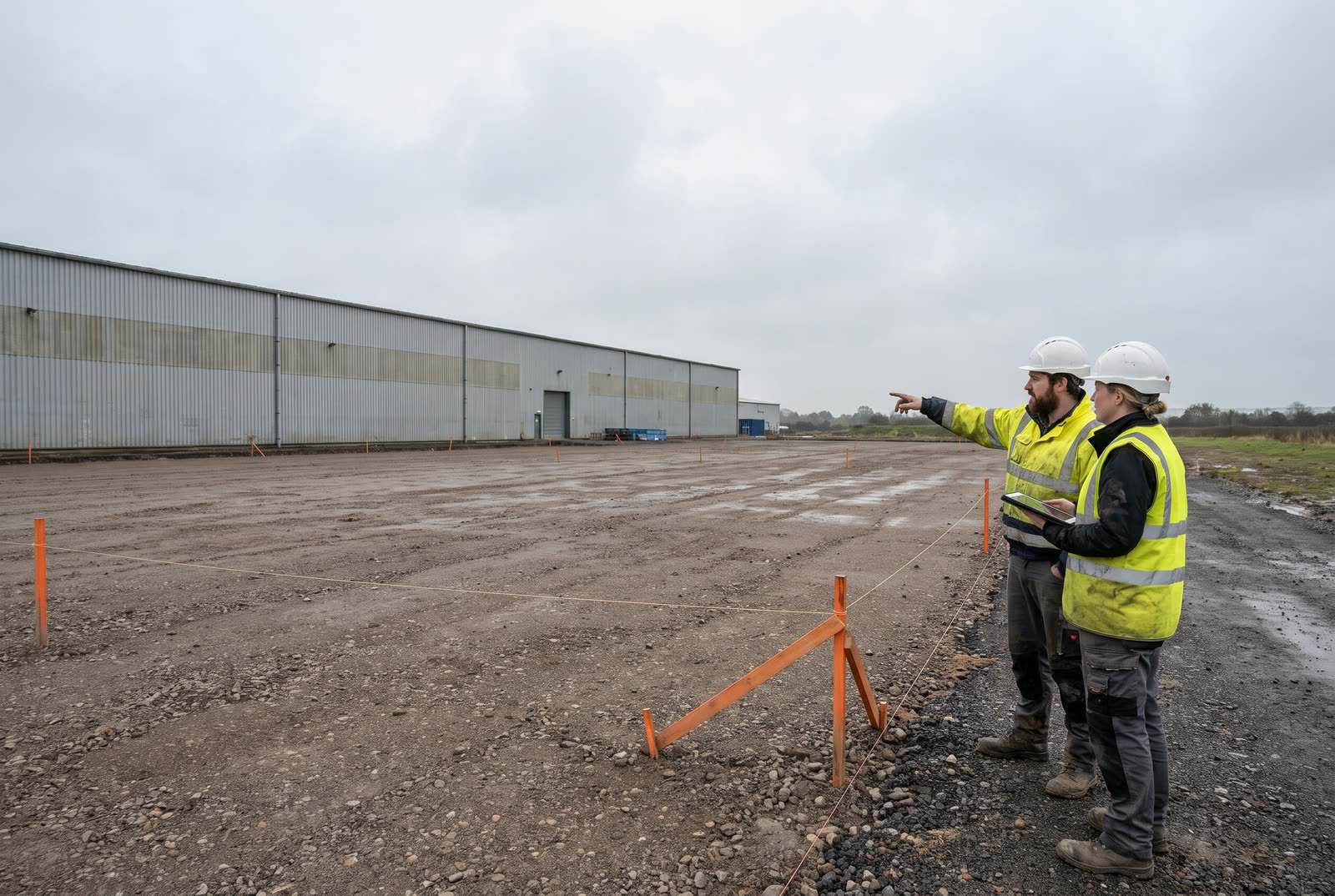 Two people in high-visibility vests and hard hats standing at the edge of a cleared gravel site beside an existing industrial building, orange survey stakes marking the expansion area