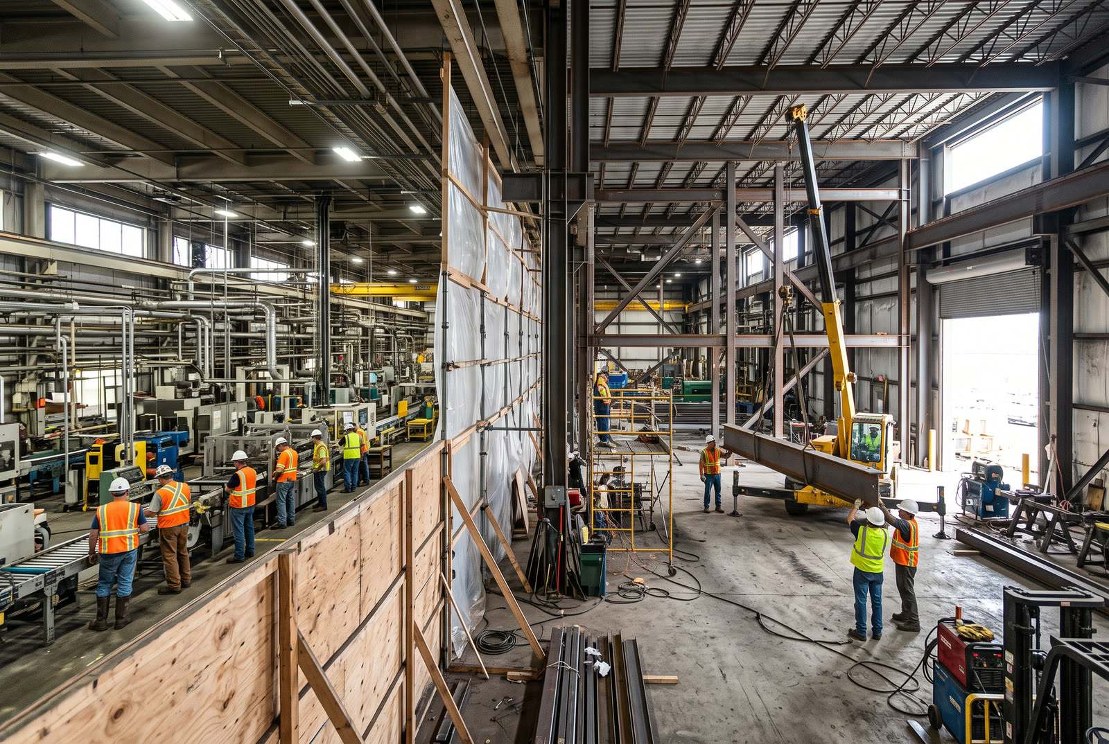 Steel-framed expansion bay under construction alongside an operating manufacturing plant, with a temporary hoarding wall separating the work area and workers in hard hats and high-visibility vests placing a concrete slab