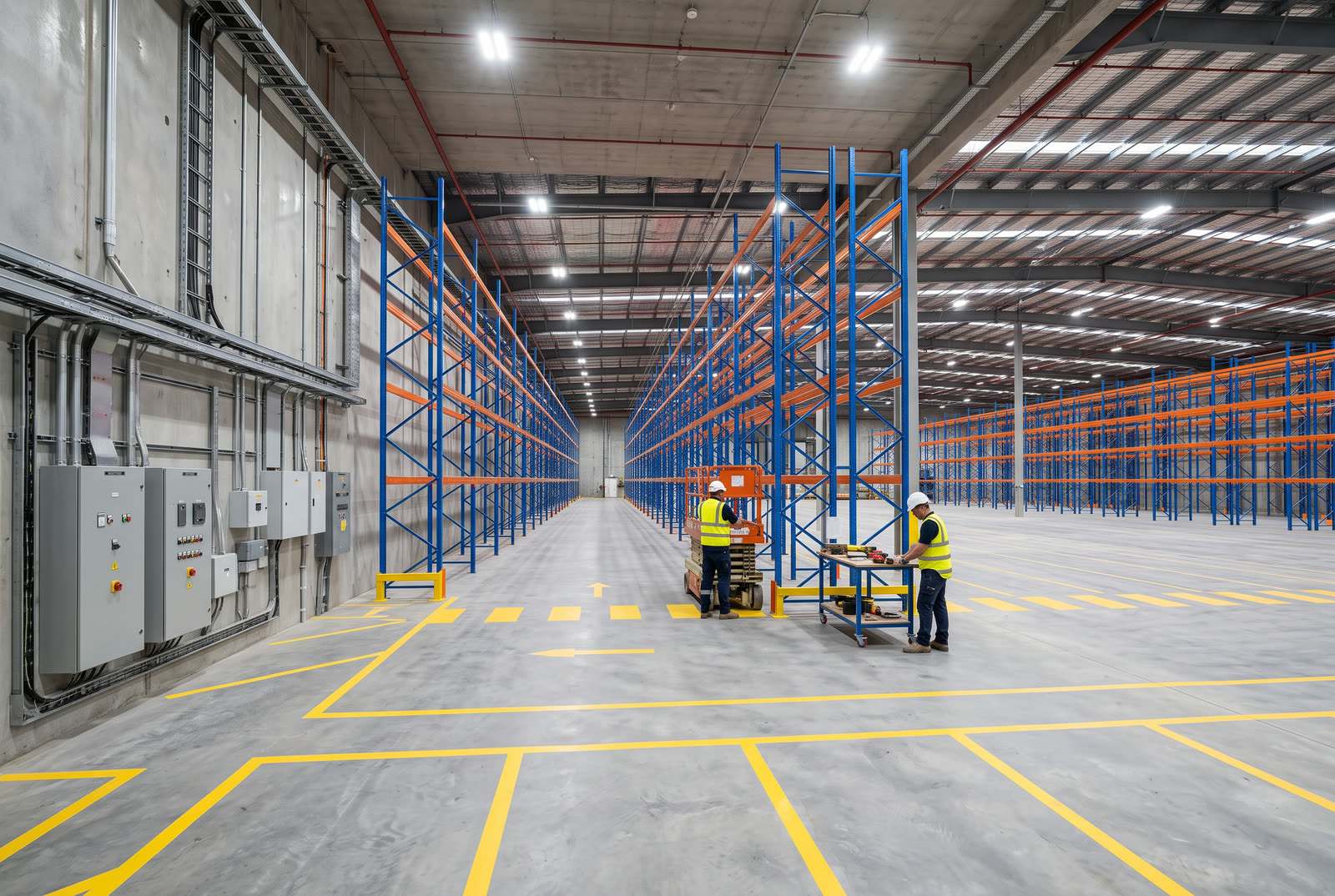 Interior of a high-clear warehouse during an industrial fit-out with pallet racking uprights being erected and workers in hard hats and high-visibility vests near a row of loading dock doors