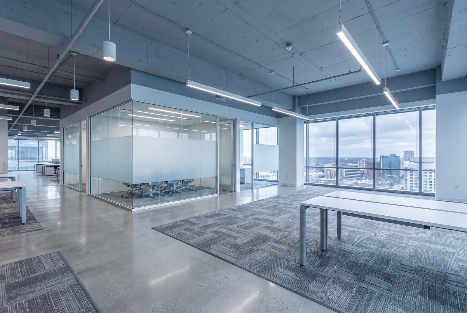 Workers in hard hats and high-visibility vests installing ductwork and ceiling grid on an open office floor plate stripped back to structure during a commercial retrofit