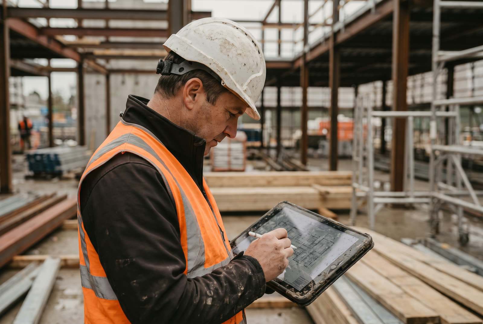 Construction manager in a hard hat and high-visibility vest reviewing digital blueprints on a tablet at an active commercial construction site, steel structure and scaffolding behind