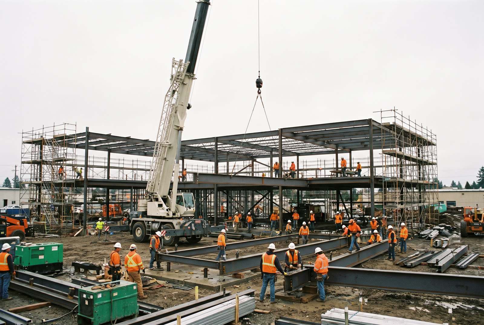 General contracting crew framing structural steel on a mid-size commercial building site with crane and scaffolding present, all workers in full high-visibility PPE