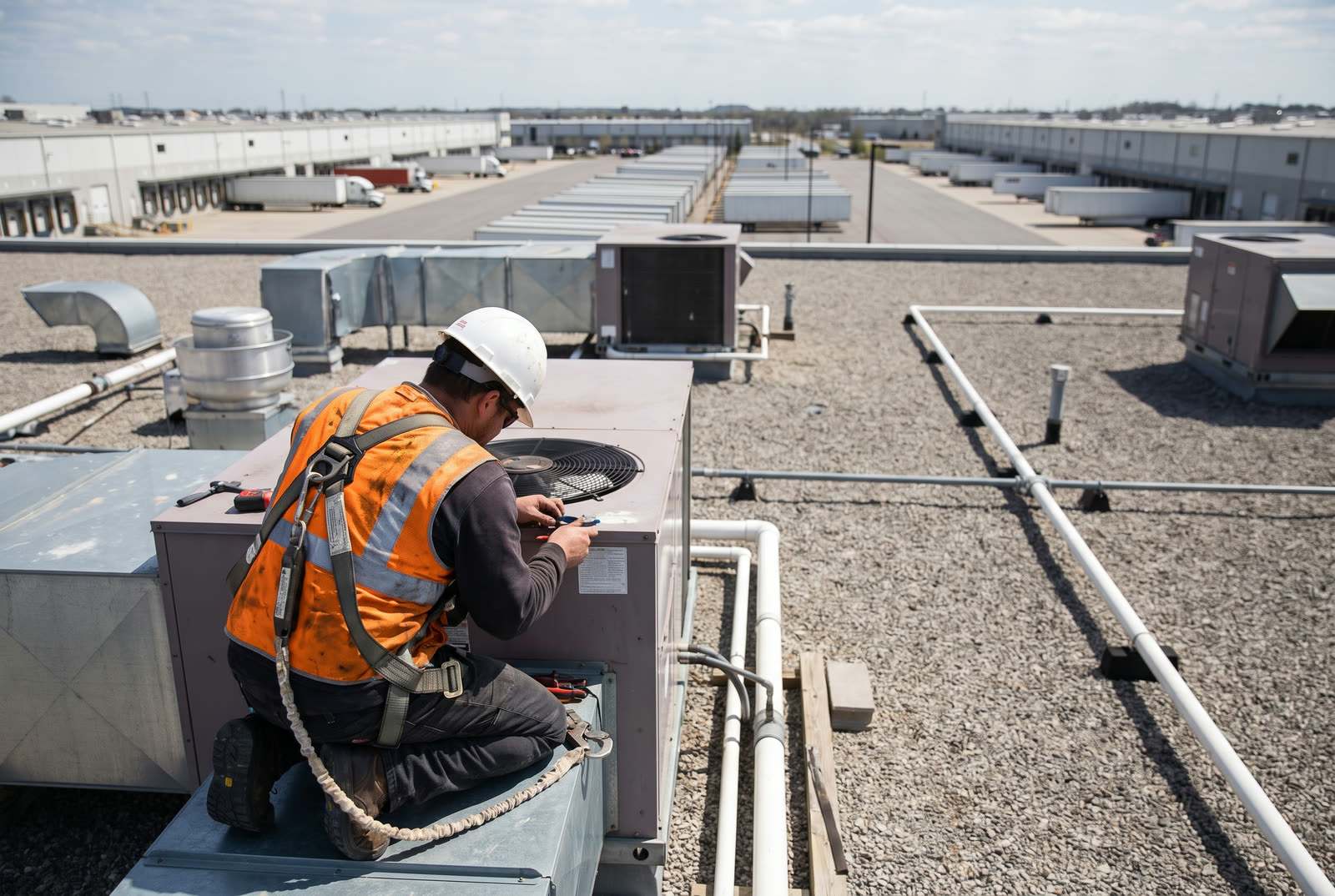 Maintenance technician in safety harness servicing a rooftop HVAC unit on a commercial building exterior, industrial park in the background