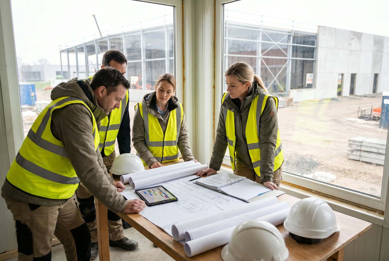Small team of construction project managers around a site-office table reviewing project timelines and blueprints, hard hats on the table, industrial warehouse construction visible through the window behind them