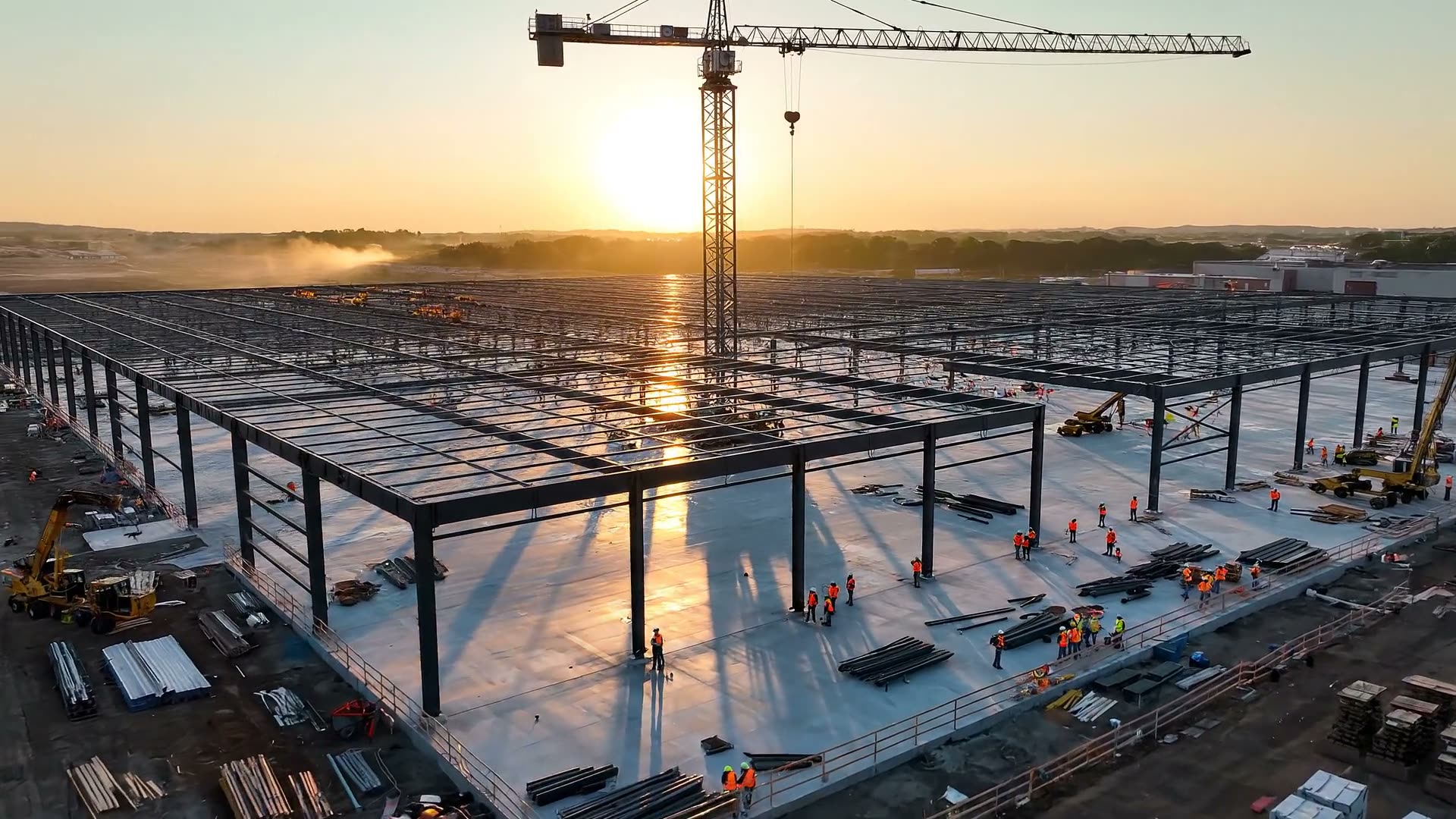 Aerial view of a large industrial warehouse under construction at golden hour, exposed structural steel frame, tower crane in motion, and construction workers in high-visibility vests and hard hats on the concrete slab below